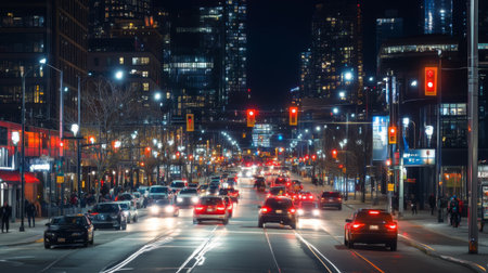 A panoramic shot of a modern boulevard illuminated by streetlights, with bustling traffic and pedestrians adding to the nighttime ambiance.の素材