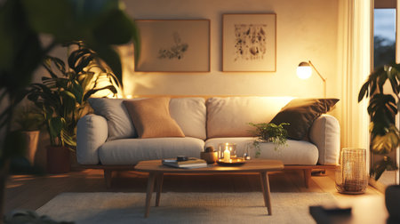 A modern living room with a cozy sofa, coffee table, and soft lighting, decorated with neutral tones and greenery, creating a welcoming atmosphere.の素材