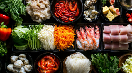 A detailed shot of a shabu-shabu meal with a variety of ingredients like seafood, vegetables, and noodles, neatly arranged around the bubbling hot pot.の素材