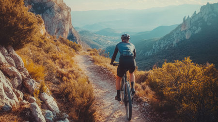 A cyclist riding along a scenic mountain trail, with a focus on the bike and the breathtaking natural landscape around them.の素材