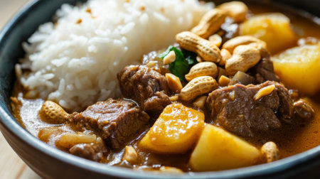 A close-up of Massaman Curry with tender beef, potatoes, and roasted peanuts, served with a side of steamed rice.の素材