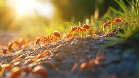 A close-up view of a line of ants marching along a trail, with a focus on their tiny details and intricate movements.の素材