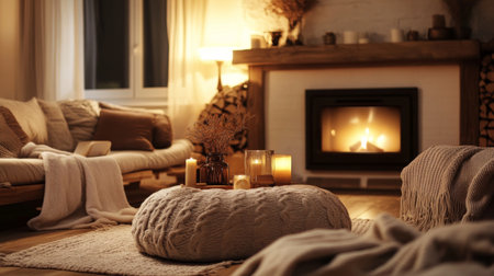 A cozy living room with a fireplace, comfortable seating, and soft blankets, creating a warm and inviting space for relaxation.の素材
