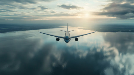 A high-angle shot of an airplane taking off over a body of water, with reflections of the aircraft on the surface and the horizon in view.の素材