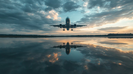 A high-angle shot of an airplane taking off over a body of water, with reflections of the aircraft on the surface and the horizon in view.の素材