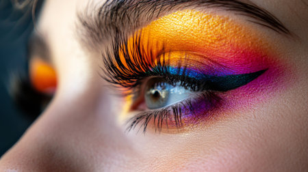 A detailed shot of a woman's face, showcasing her artistic eye makeup with vibrant colors and long lashes.の素材