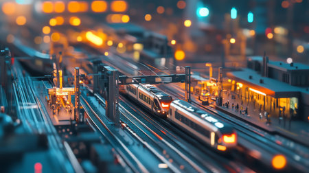 A detailed shot of an electric train station with multiple tracks and trains, featuring passengers boarding and alighting, and modern infrastructure.の素材