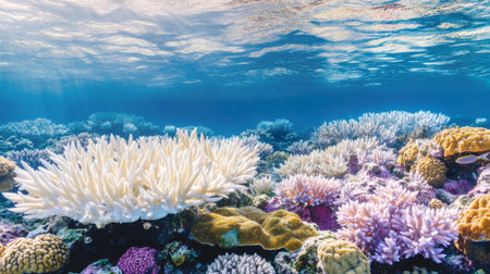 A detailed view of a coral reef showing signs of bleaching, highlighting the impact of rising sea temperatures on marine ecosystems.の素材