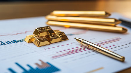 A detailed view of a printed gold price chart with annotations and trends, placed on a desk with a pen and financial analysis documentsの素材