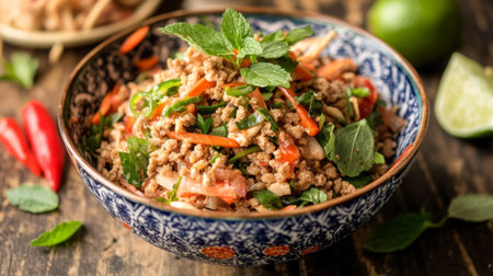 A detailed view of Thai Larb (minced meat salad) with ground chicken, fresh herbs, and a tangy lime dressing, presented in a colorful bowl.の素材