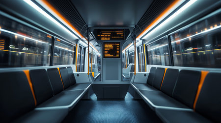 A detailed shot of the interior of an electric train, showing comfortable seating and digital display screens, highlighting the modern and clean design.の素材