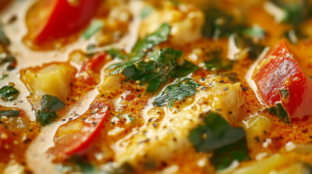 A detailed shot of Thai Red Curry with vegetables and chicken, featuring the rich, creamy sauce and aromatic herbs.の素材