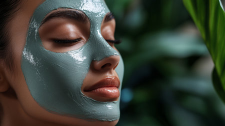 A detailed view of a woman face with a luxurious face mask on, showcasing her radiant and well-cared-for skin in a spa-like setting.の素材