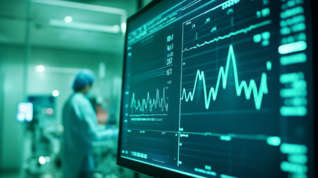 A digital screen showing a fluctuating heart rate line, with a healthcare professional in the background monitoring the data.の素材