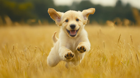 A playful puppy bounding through a field, with its ears flopping and a sense of excitement in its movements.の素材