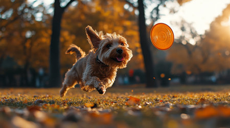 A playful dog chasing a frisbee in a park, with its focus on the flying disk and its body captured in mid-air.の素材