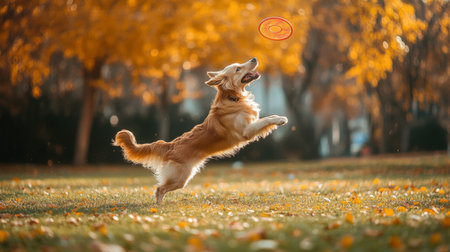 A playful dog chasing a frisbee in a park, with its focus on the flying disk and its body captured in mid-air.の素材
