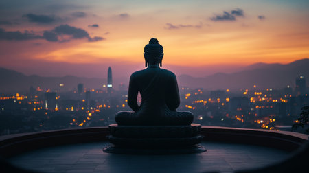 A silhouette of a Buddha statue on a temple rooftop, with a darkening sky and city lights in the distance, creating a contrast between the sacred and the modern.の素材