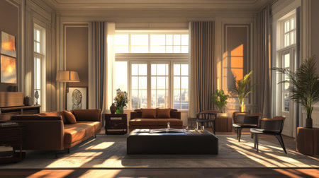 A stylish living room with a large window letting in natural light, featuring contemporary furniture and a warm color palette.の素材