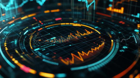 A top-down view of a 3D radar chart with multiple axes and data points, showing financial metrics and comparisons between different investment options.の素材
