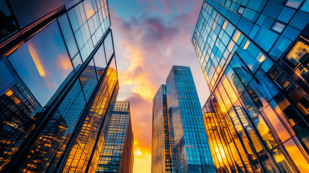 A skyline view of towering skyscrapers in the heart of the city, with modern glass facades reflecting the evening sunset.の素材