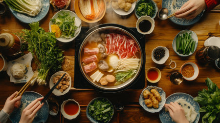 A top-down view of a table set for shabu-shabu, with a hot pot in the center surrounded by various fresh ingredients, dipping sauces, and utensils for cooking.の素材