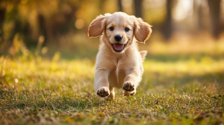 A playful puppy bounding through a field, with its ears flopping and a sense of excitement in its movements.の素材