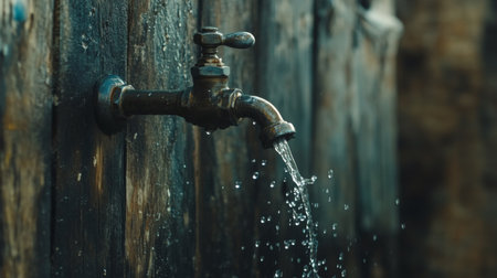 A slow-motion capture of water trickling from a vintage metal faucet, with droplets clearly visible against a rustic background.の素材