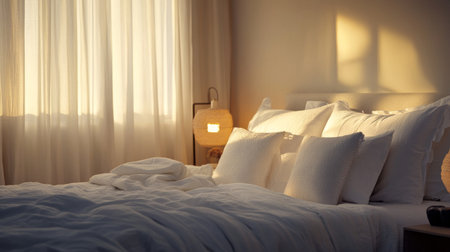 A serene bedroom with a neatly made bed, featuring crisp white linens and decorative pillows, set against a softly lit backdrop for a calming atmosphere.の素材