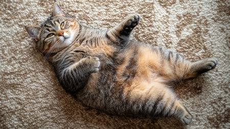 A top-down view of a cute, chubby cat sprawled out on a soft rug, with its round body and paws visible, showcasing its cuddly and endearing appearance.の素材