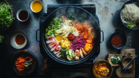A top-down view of a shabu-shabu hot pot with a selection of colorful ingredients cooking in the broth, surrounded by dipping sauces and small bowls of condiments.の素材