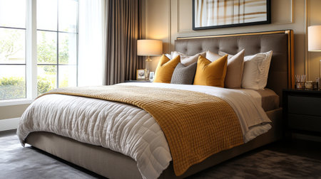 A stylish bedroom with a modern bed frame, plush bedding, and coordinated throw pillows, showcasing a chic and cozy design.の素材