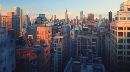 A view from a rooftop, overlooking the dense cluster of tall buildings in the city center, with a few iconic landmarks visible.の素材