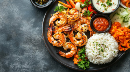 A top-down view of a beautifully arranged plate of grilled shrimp with various side dishes like rice and vegetables, highlighting a complete and delicious meal.の素材