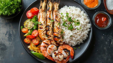 A top-down view of a beautifully arranged plate of grilled shrimp with various side dishes like rice and vegetables, highlighting a complete and delicious meal.の素材