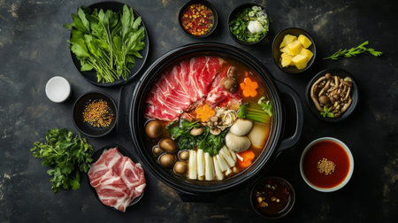 A top-down view of a hot pot filled with simmering broth, sliced meat, vegetables, and mushrooms, arranged around the pot with dipping sauces and garnishes.の素材