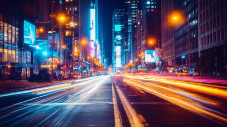 A vibrant city street illuminated by streetlights at night, with light trails from passing cars creating a dynamic and lively scene.の素材