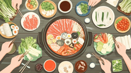 A top-down view of a table set for shabu-shabu, with a hot pot in the center surrounded by various fresh ingredients, dipping sauces, and utensils for cooking.の素材