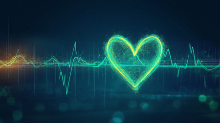 A visual representation of a heartbeat line on a dark blue background, with glowing green waves symbolizing a healthy heart rhythmの素材