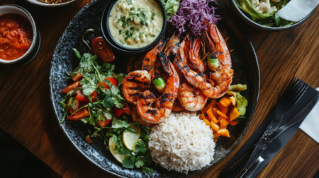 A top-down view of a beautifully arranged plate of grilled shrimp with various side dishes like rice and vegetables, highlighting a complete and delicious meal.の素材