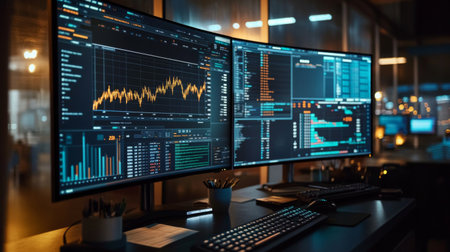 A wide-angle view of a financial workspace with a focus on a gold price graph displayed on multiple monitors, with financial reports and charts.の素材