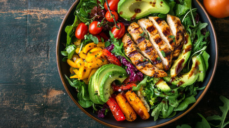 A top-down view of a vibrant Western salad with mixed greens, grilled chicken, avocado, and a variety of colorful vegetables, drizzled with dressing.の素材