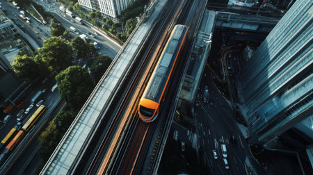 A top-down view of an electric train moving along elevated tracks, with city buildings and traffic visible below, showcasing the integration of rail and urban landscapes.の素材