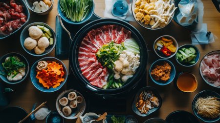 A top-down view of a shabu-shabu table with multiple bowls of raw ingredients including sliced meat, vegetables, and mushrooms, ready to be cooked in a shared hot pot.の素材