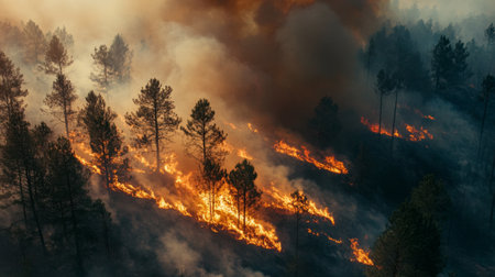 A wide shot of a wildfire burning through a forest, with smoke and flames showing the destructive impact of increased temperatures.の素材