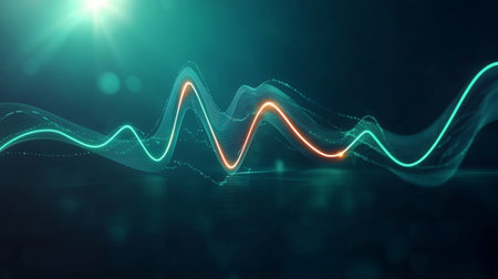 A visual representation of a heartbeat line on a dark blue background, with glowing green waves symbolizing a healthy heart rhythmの素材