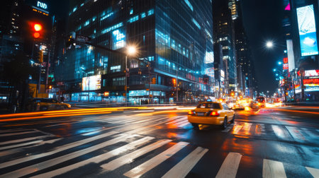 A wide-angle shot of a major city intersection at night, with bright streetlights and traffic lights adding energy to the scene.の素材