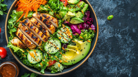 A top-down view of a vibrant Western salad with mixed greens, grilled chicken, avocado, and a variety of colorful vegetables, drizzled with dressing.の素材
