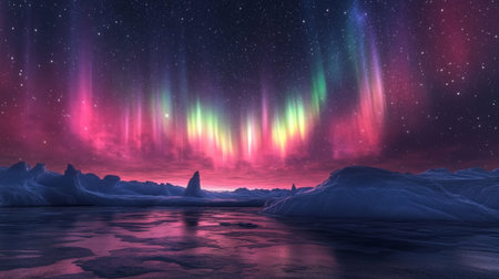 A vibrant Southern Lights (Aurora Australis) display illuminating the dark sky over a tranquil, icy seascape in the Southern Hemisphere.の素材