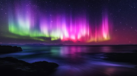 A vibrant Southern Lights (Aurora Australis) display illuminating the dark sky over a tranquil, icy seascape in the Southern Hemisphere.の素材